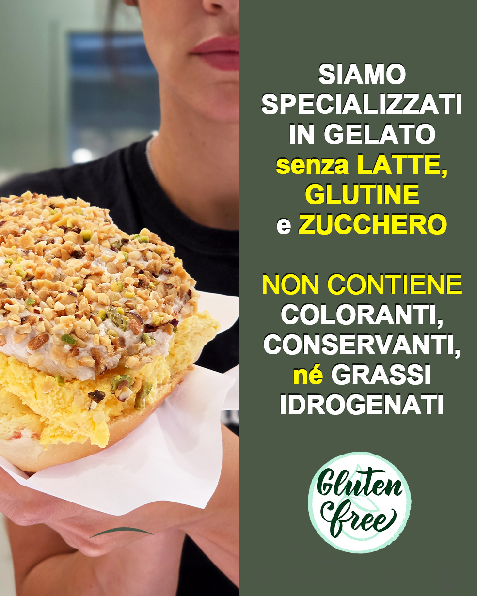 Brioche gelato e comunicazione sulle proposte senza latte, glutine e zucchero, senza coloranti, conservanti né grassi idrogenati.