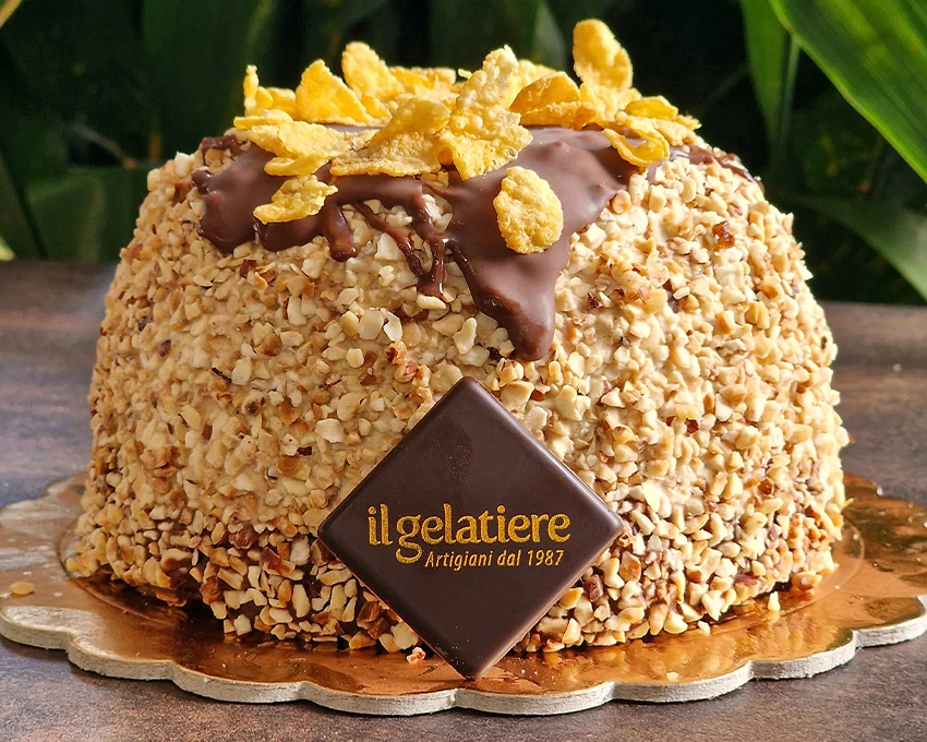 Zuccotto artigianale decorato con granella, cioccolato e il logo Il Gelatiere